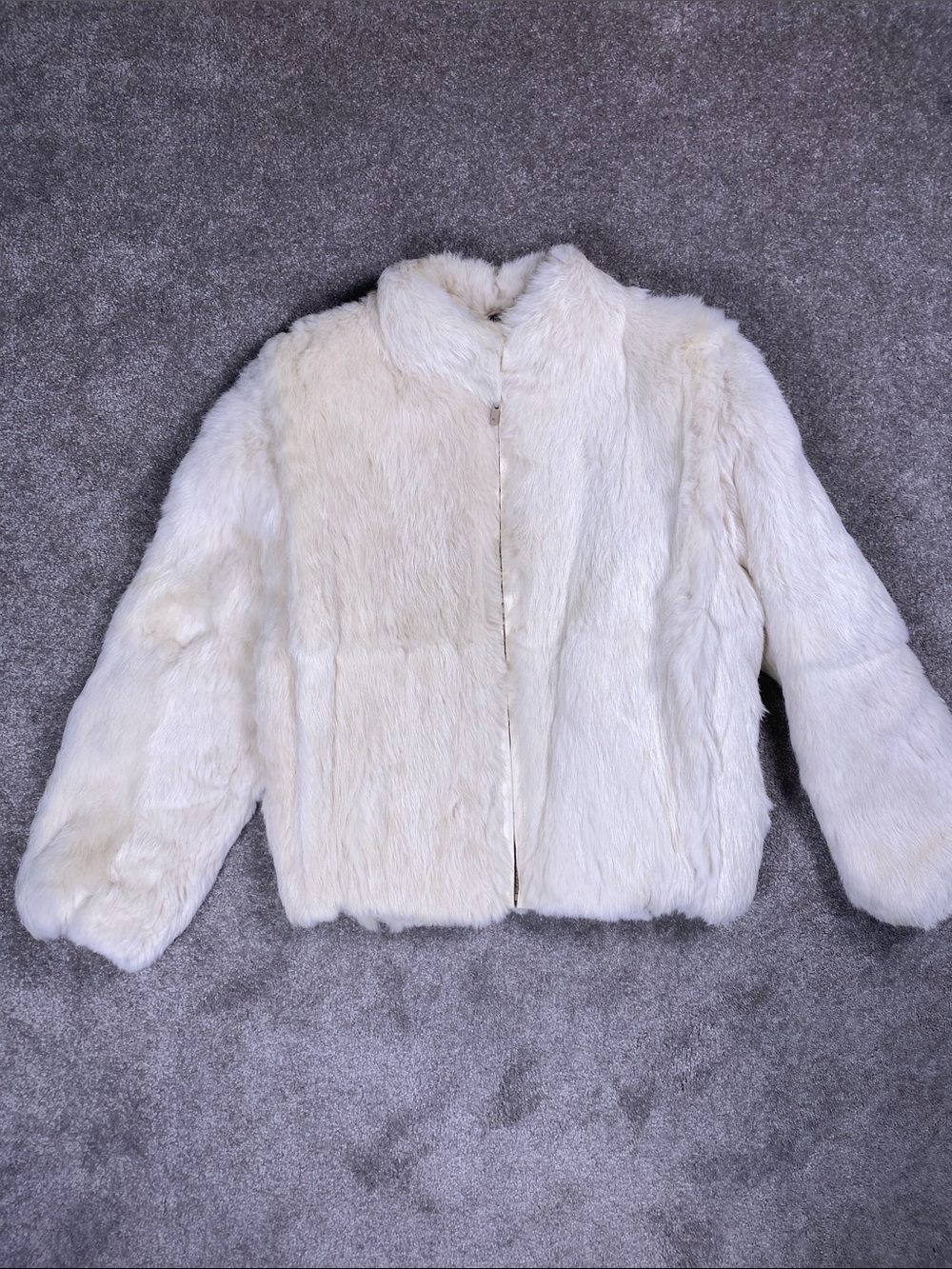 Vintage 100% Rabbit Fur Bomber Jacket Pockets Ivory size Small Satin Lined